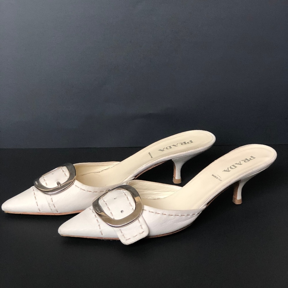 Prada Off White Kitten Heel Mule